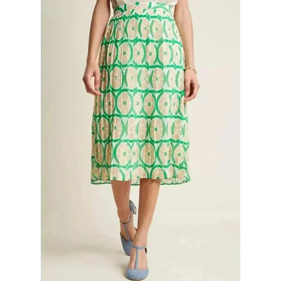 ModCloth Stroke of Genial Retro Pleated Midi Skirt size L Citrus Print Green